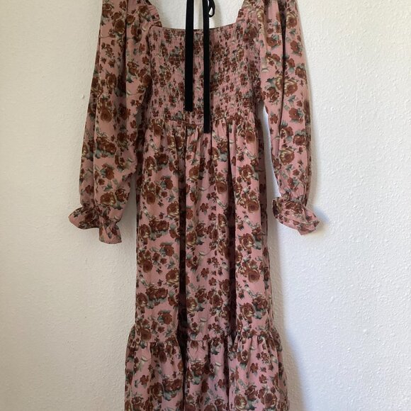 PinkBlush Mauve Rose Smocked Velvet Bow Tie Maternity Midi Dress, Size M - Picture 2 of 5